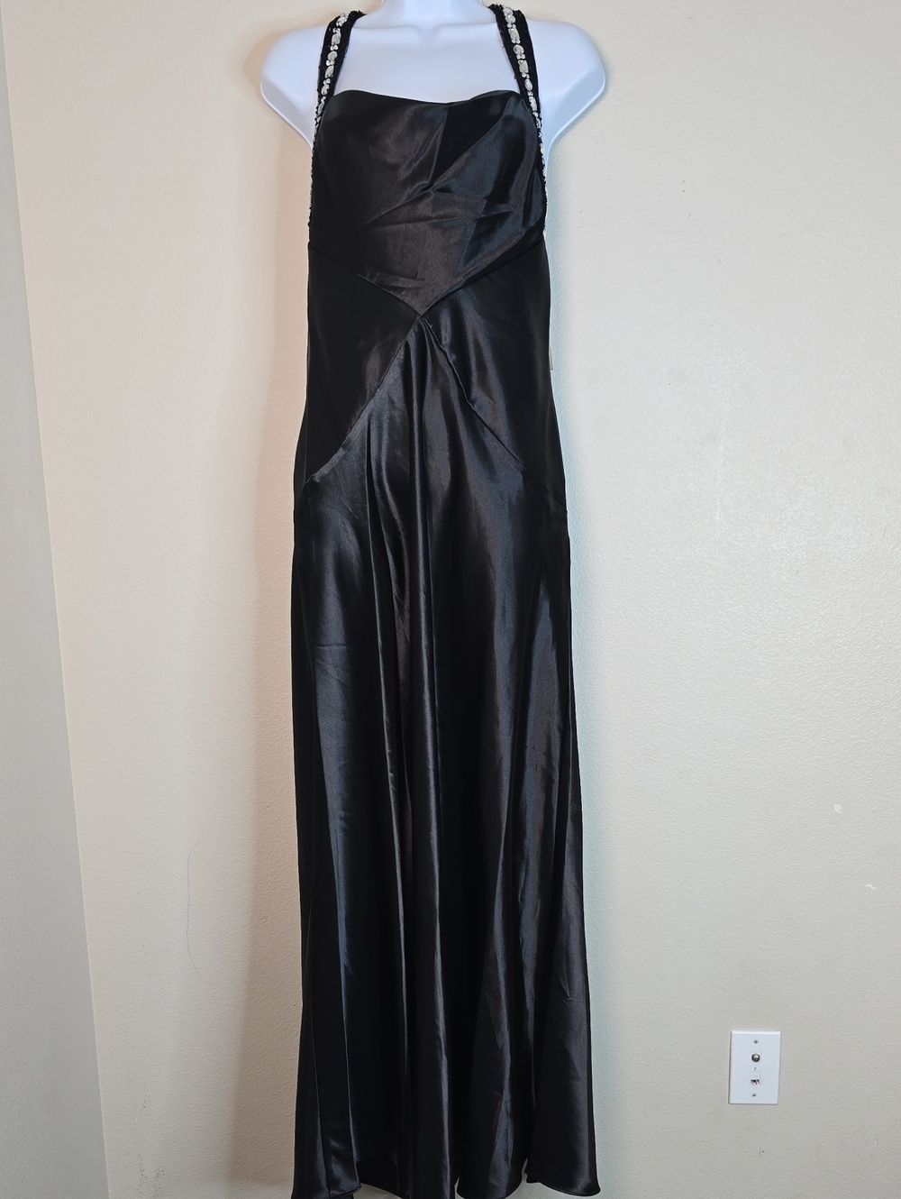 Juno Y2K Black Satin Evening Cowl Neckline  maxi Dress with Beaded Straps M